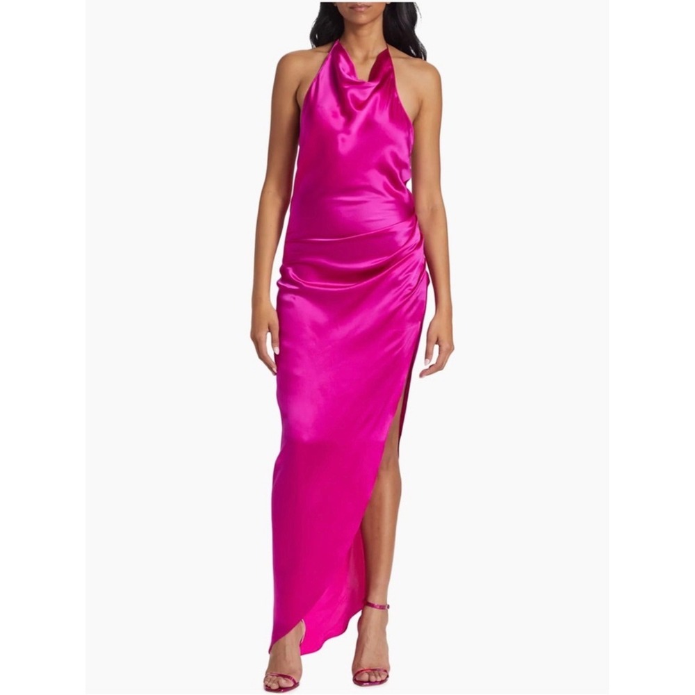 NWT Amanda Uprichard Elektra Silk Halter Gown Hot Pink Asymmetrical XS $343